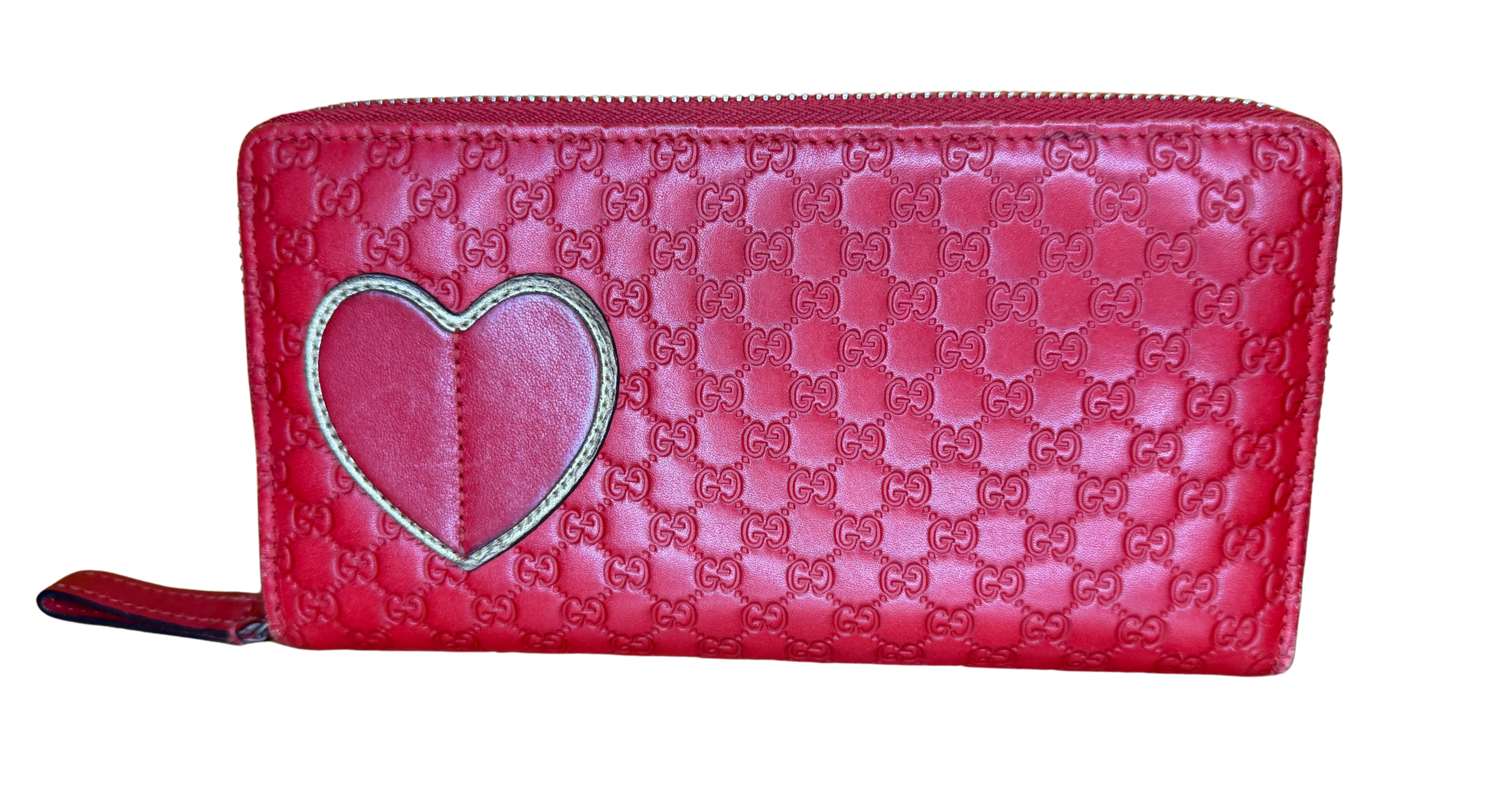 Gucci Micro Sima Heart GG Logo Leather Wallet - Red